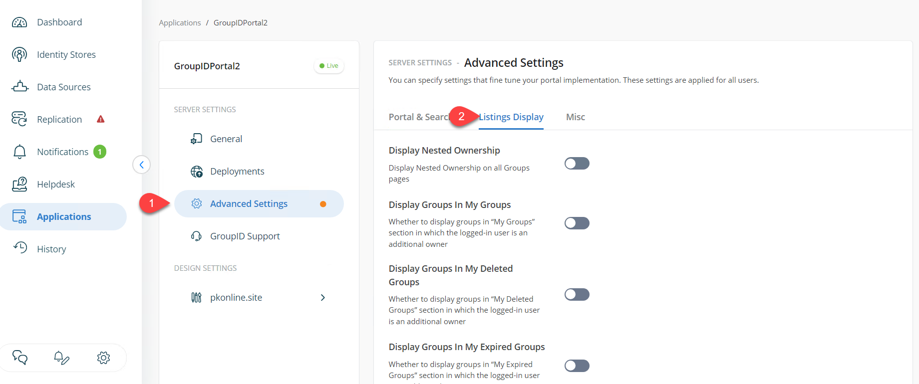 Advanced settings and listing displays in admin portal