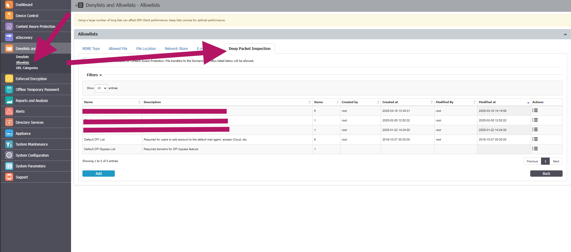 Allowlists section in Netwrix Endpoint Protector