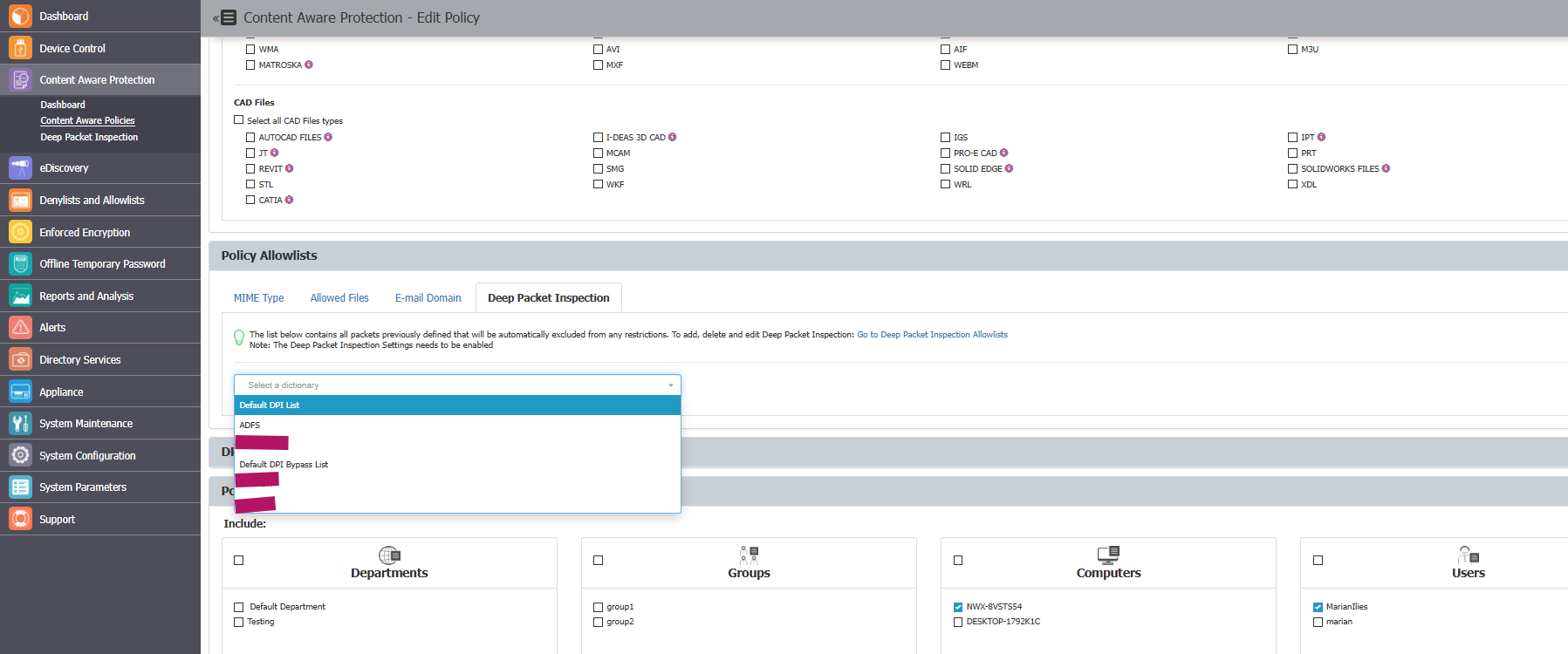 Selecting DPI allowlist entry in policy