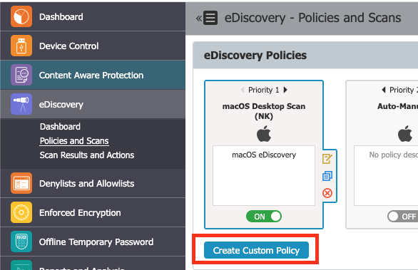 Create Custom Policy button in eDiscovery Policies and Scans
