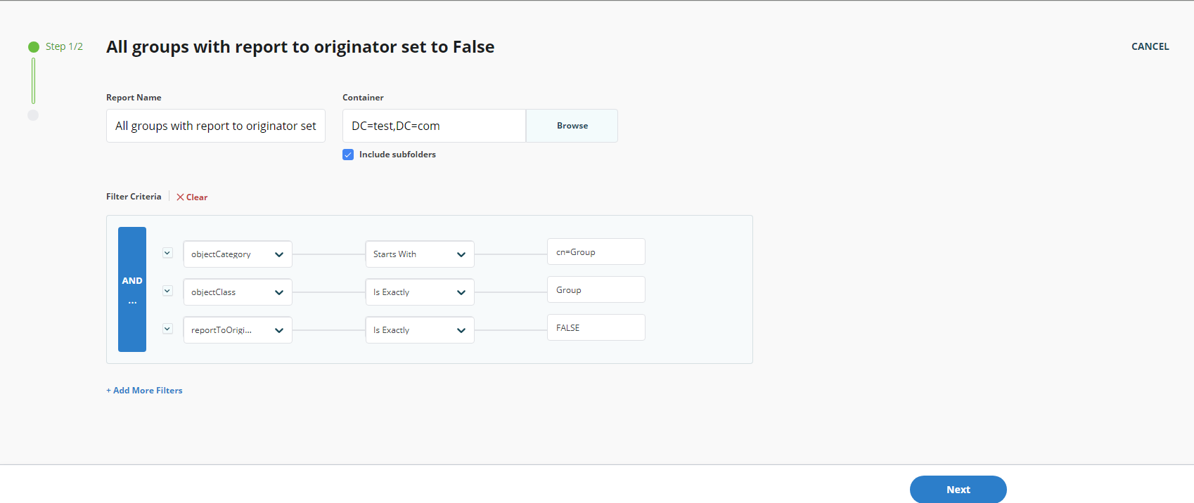 Create Report wizard in Directory Manager