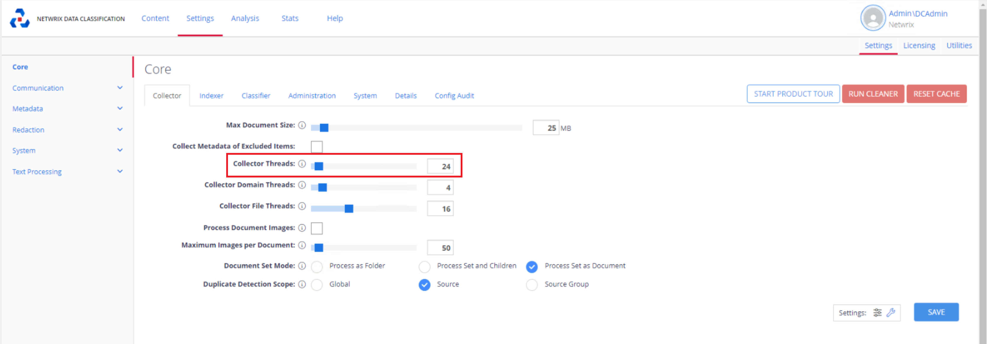 Collector Threads slider in the NDC Management Web Console configuration page