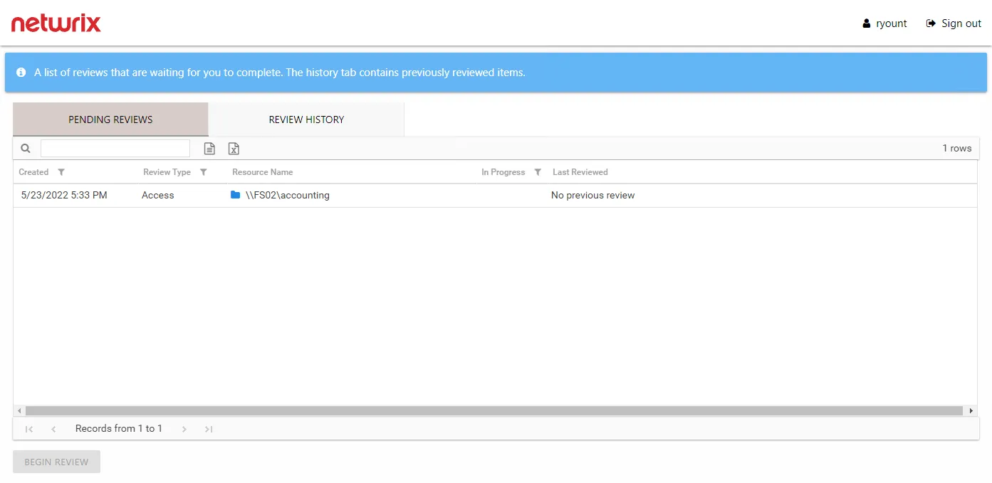 My Reviews interface as the landing page for an Owner without a user role