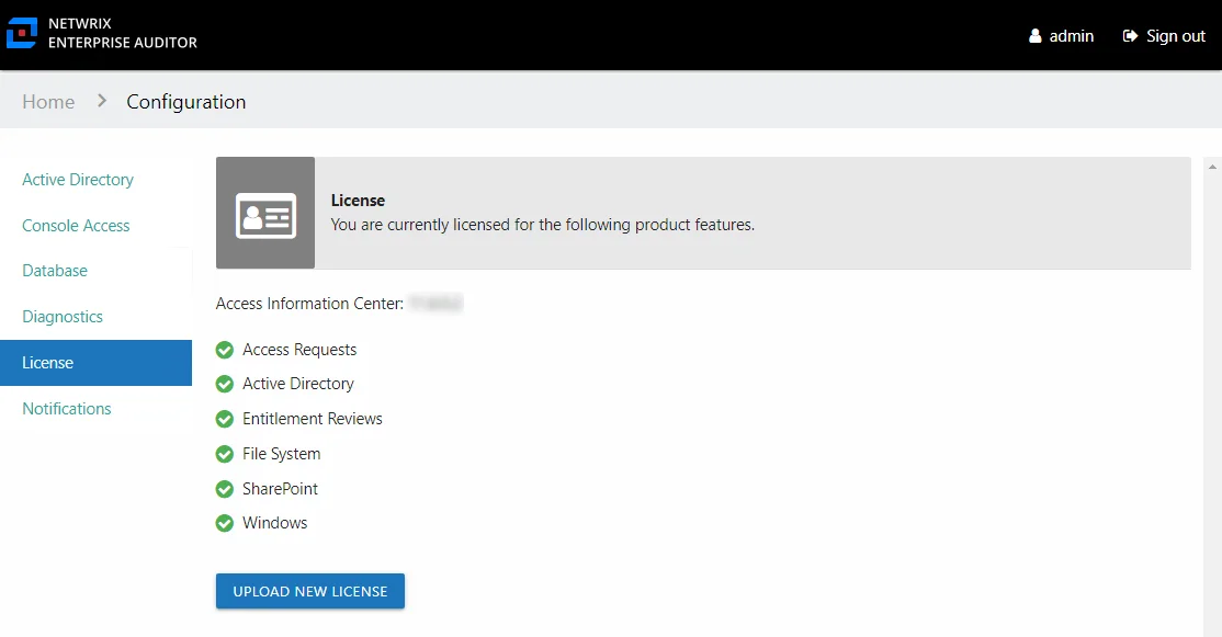 Configuration interface showing the License page