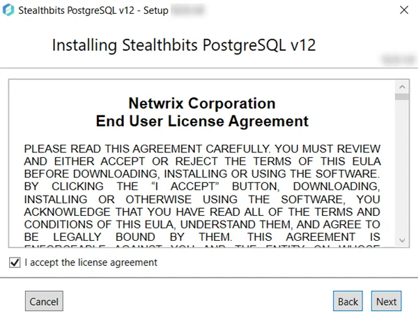 Stealthbits PostgreSQL v12 Setup Wizard on the License Agreement page