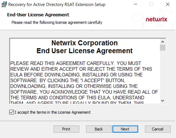 RSAT Extension Installation Wizard - License Agreement page