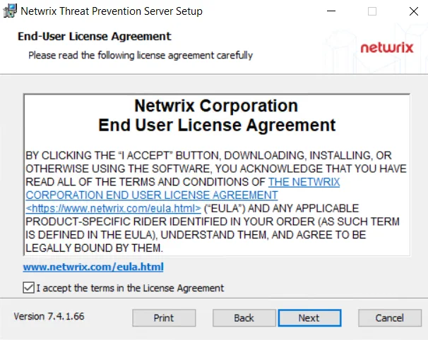 Threat Prevention Server Setup wizard - End-User License Agreement page