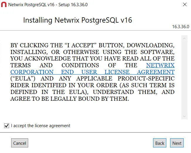 Stealthbits PostgreSQL v12 Setup Wizard on the License Agreement page