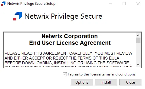 Netwrix Privilege Secure Setup wizard on the License Agreement page