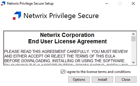 Netwrix Privilege Secure Setup wizard on the License Agreement page