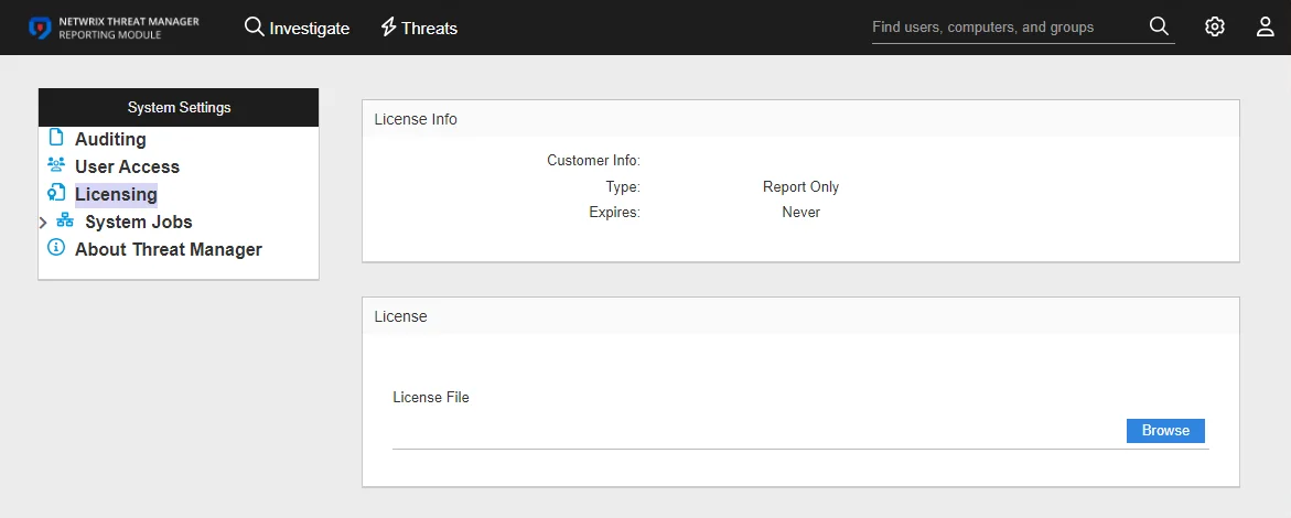 System Settings interface on the Licensing page