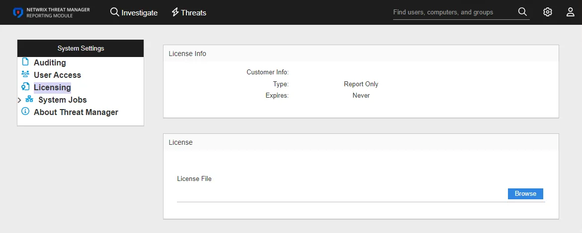 System Settings interface on the Licensing page