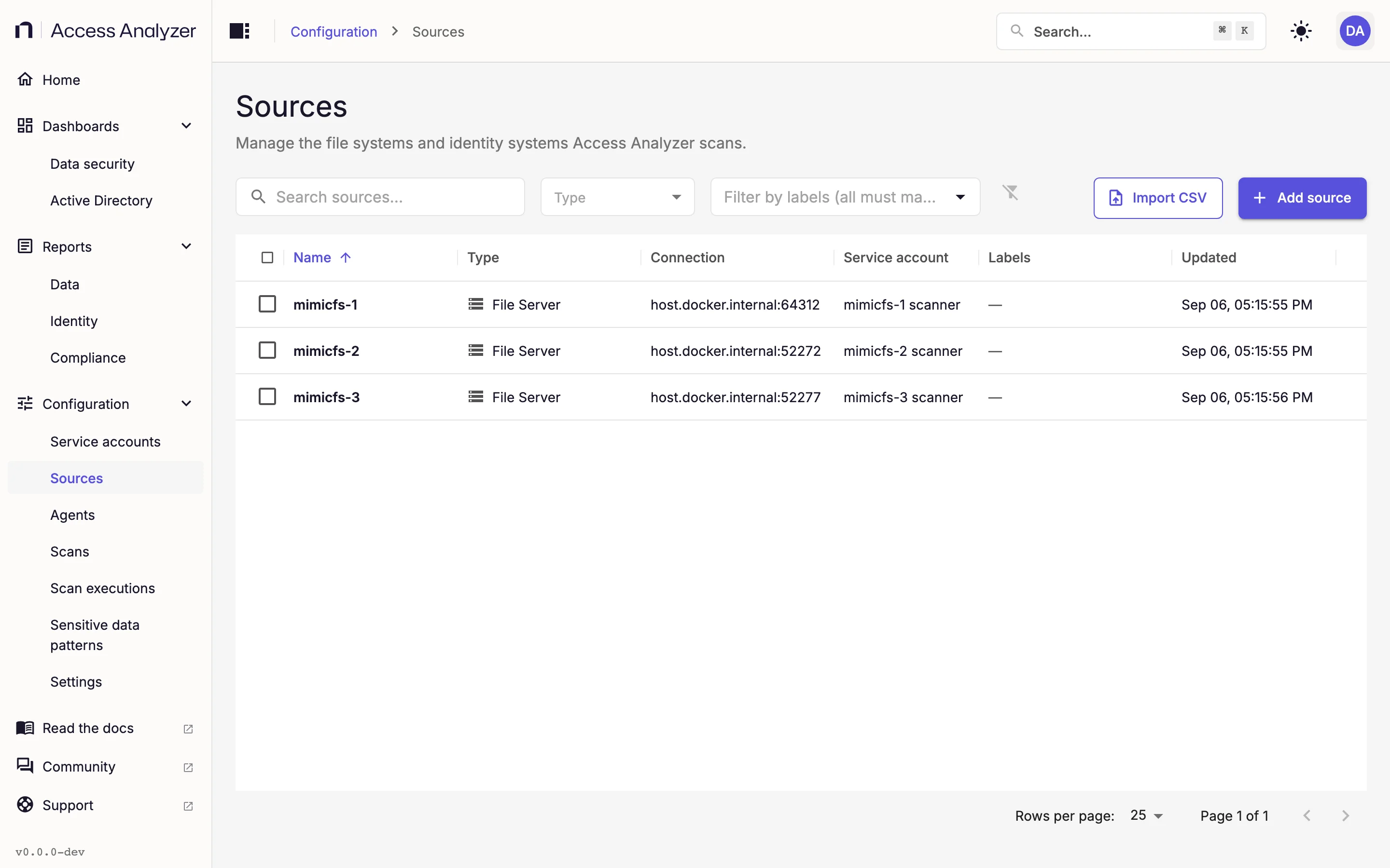 Sources list showing three File Server sources with service accounts and labels
