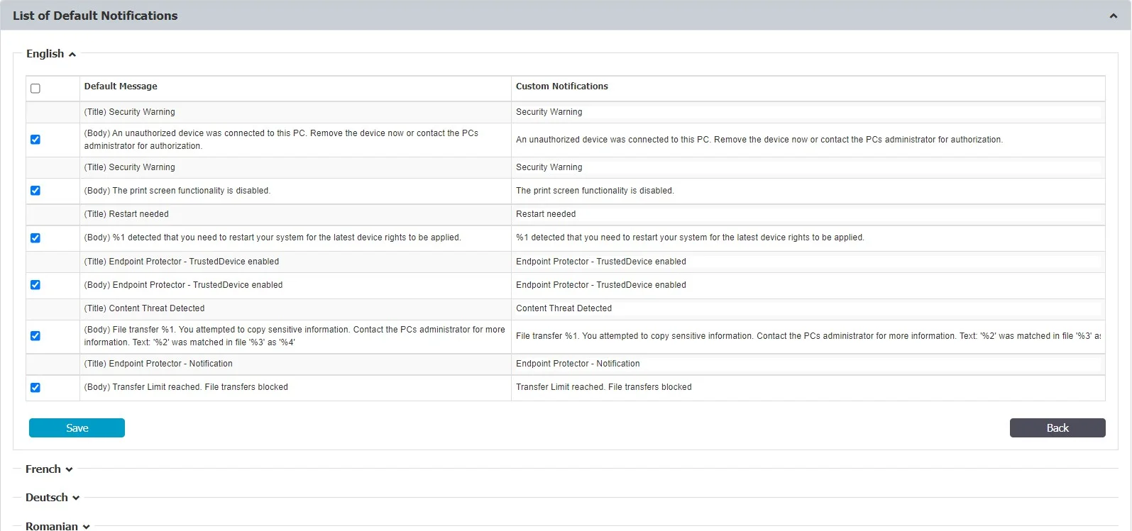 Enable/disable a message from the list of Default Notiﬁcations or edit the custom notiﬁcations translations
