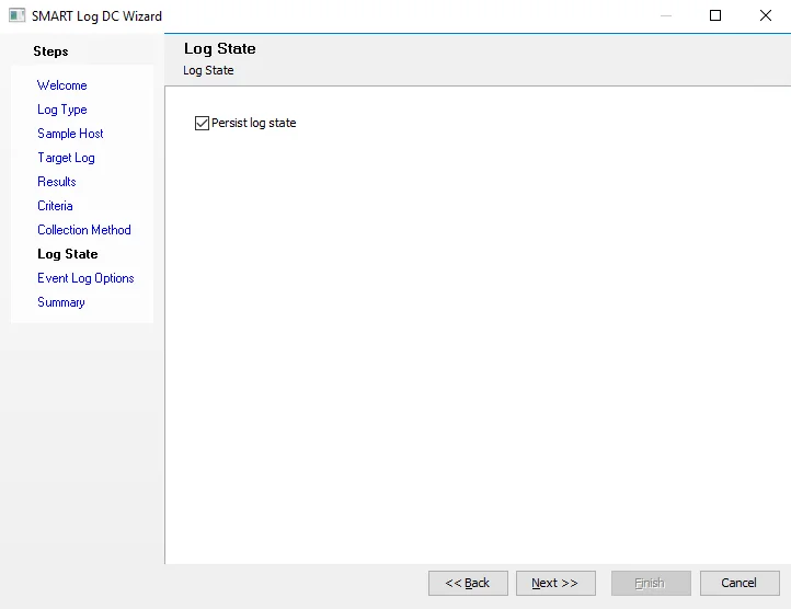 SMART Log DC Wizard Log State page