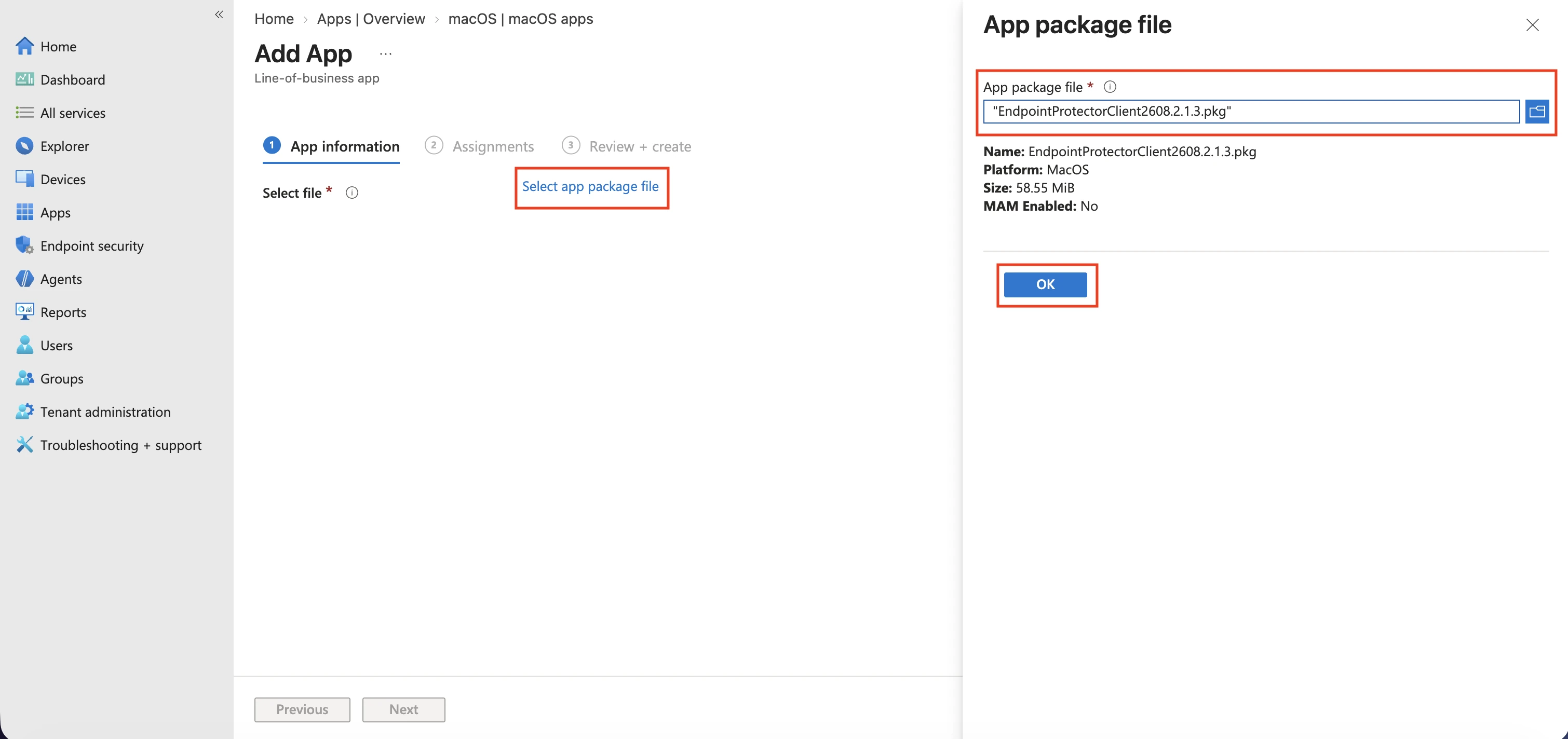 Selecting the Endpoint Protector .pkg app package file