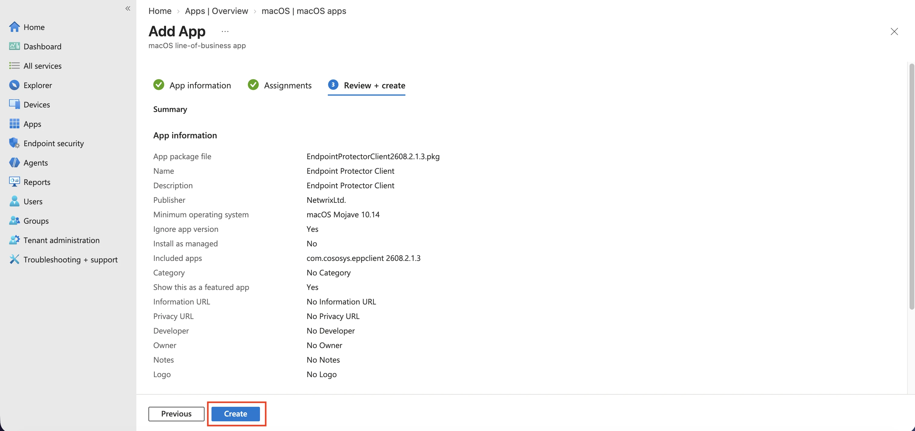 Reviewing the app information and creating the app