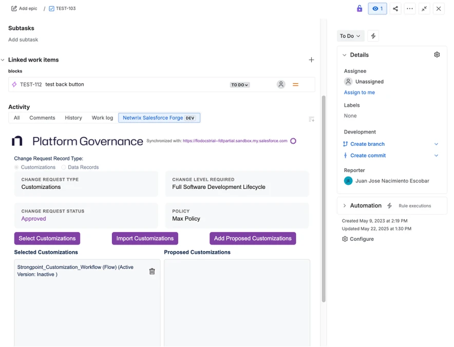 Connection details for the ticket