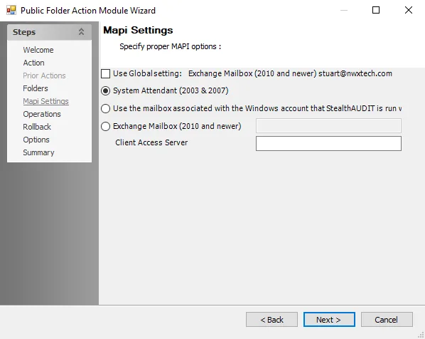Public Folder Action Module Wizard MAPI Settings page
