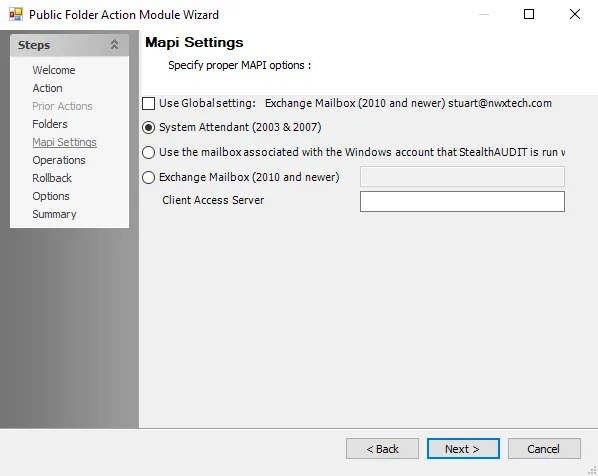 Public Folder Action Module Wizard MAPI Settings page