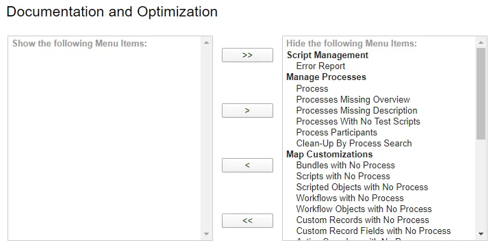 Default Setting for Documentation and Optimization Optional Menus