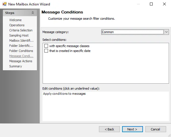 New Mailbox Action Wizard Mailbox Message Conditions page