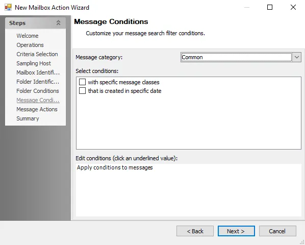 New Mailbox Action Wizard Mailbox Message Conditions page