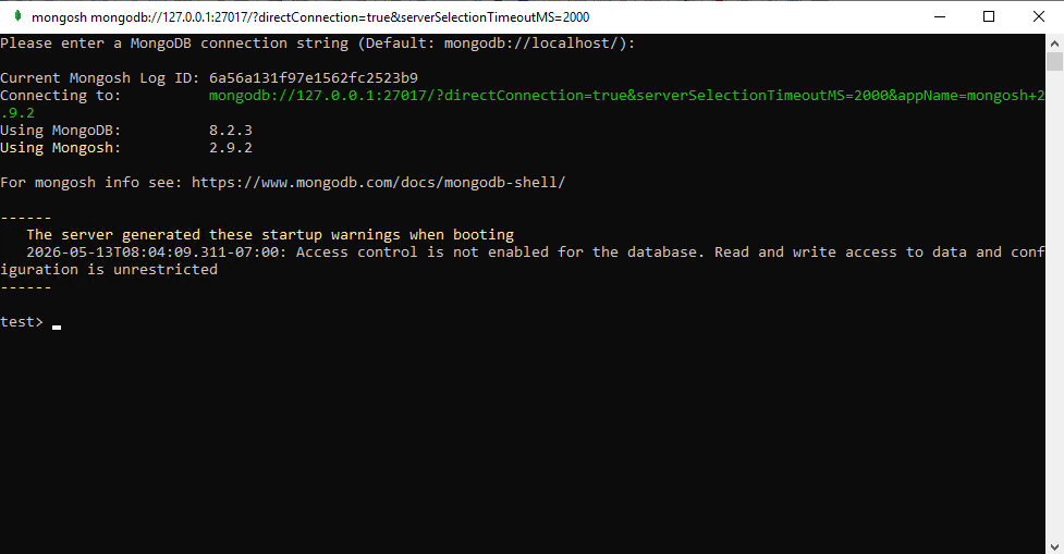 Mongo shell open and ready for commands