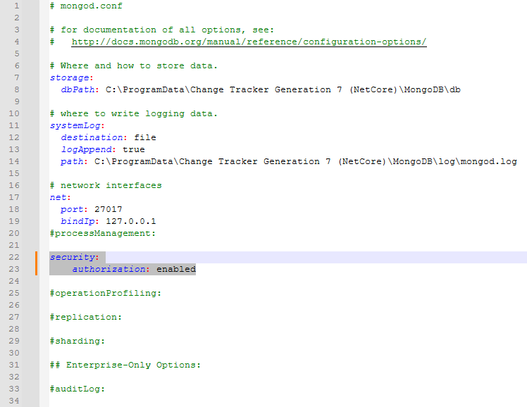 mongod.cfg file with the number sign symbols removed
