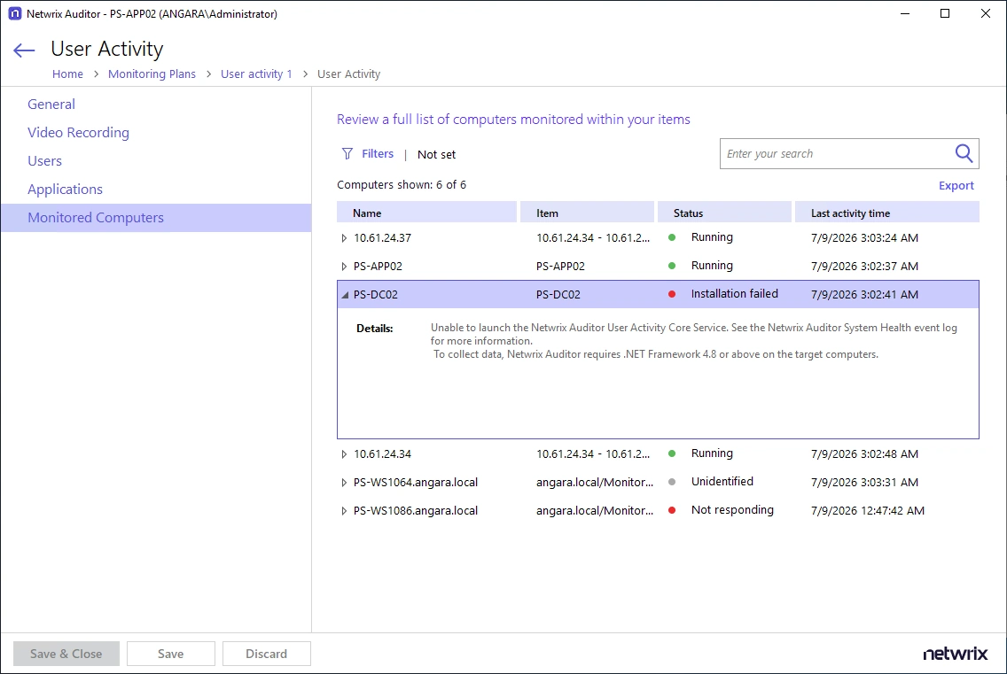 Monitored Computers tab with details for a selected computer
