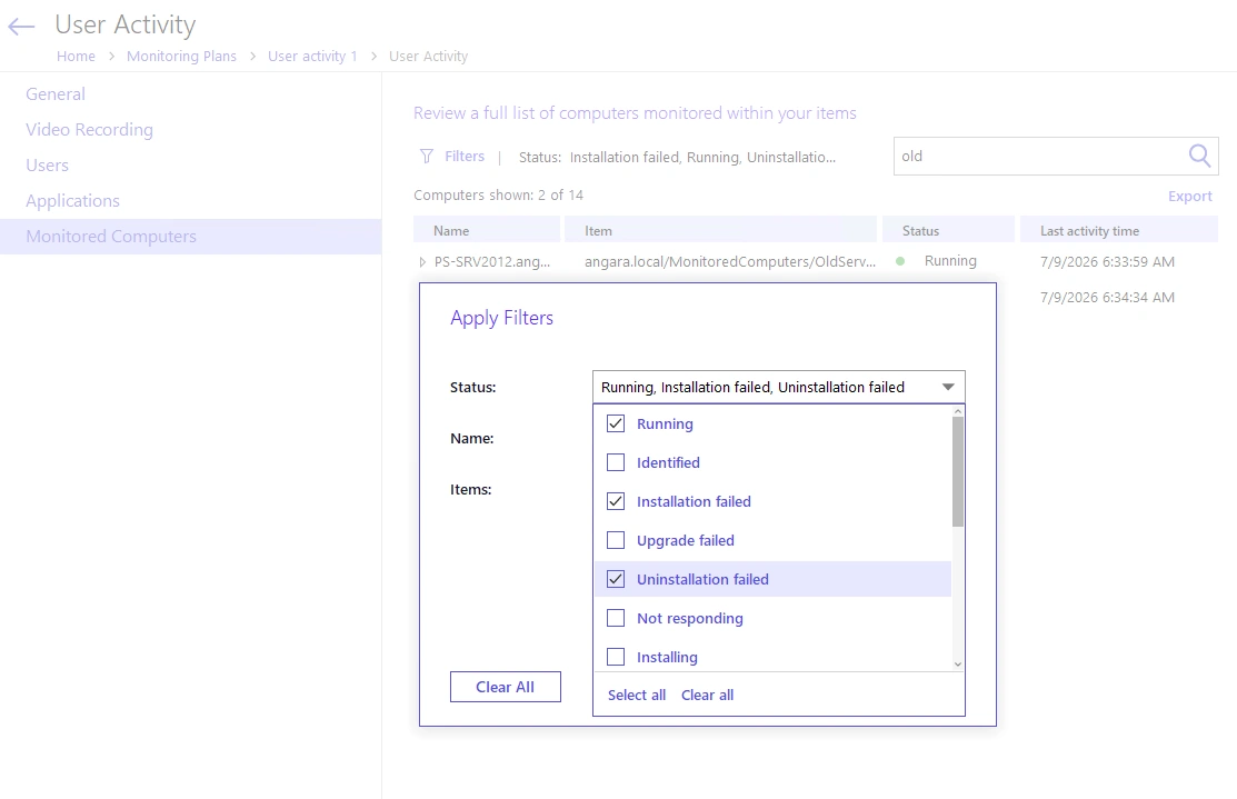 Apply Filters dialog showing Computer status, Computer name, and Item name options