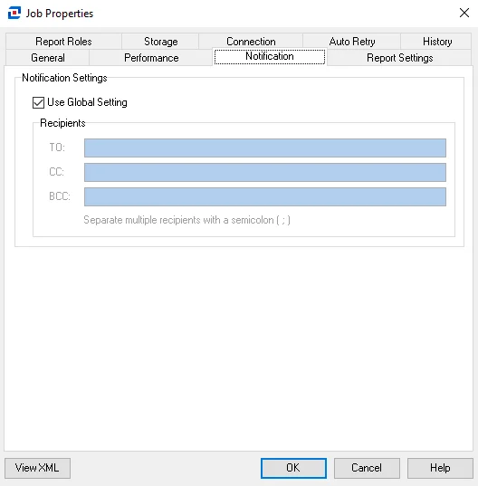 Notification tab of Job Properties