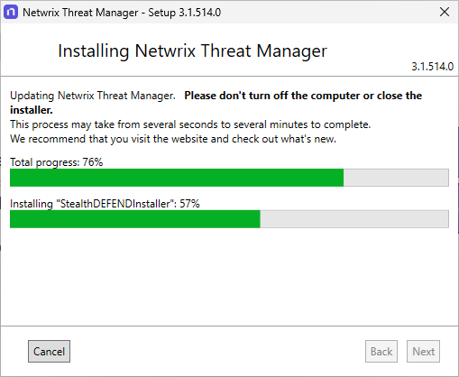 Threat Manager Installation Progress page