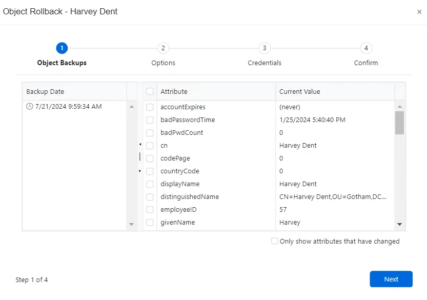 Object Rollback wizard - Object Backup page