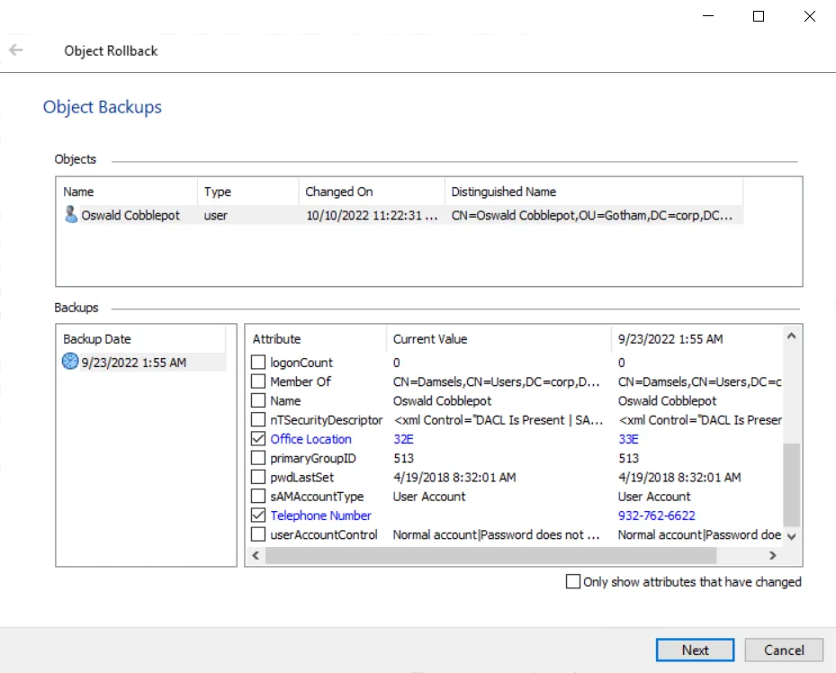 Object Rollback wizard - Object Backups Page