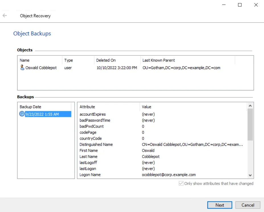 Object Recovery Wizard - Object Backups page