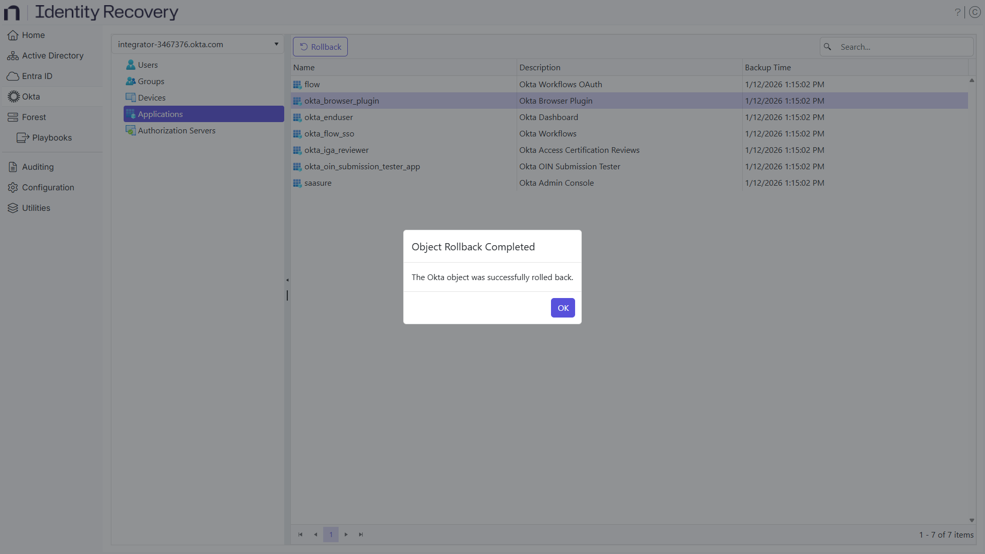 Object Rollback Sucessful message