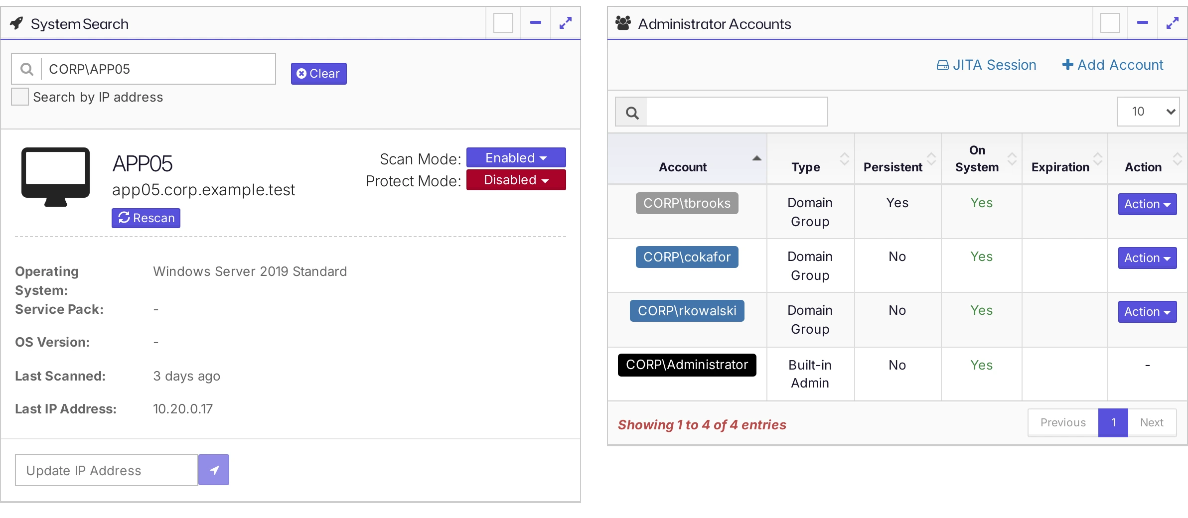 The Grant Access page for a protected system, with its scan mode, protect mode, and administrator accounts