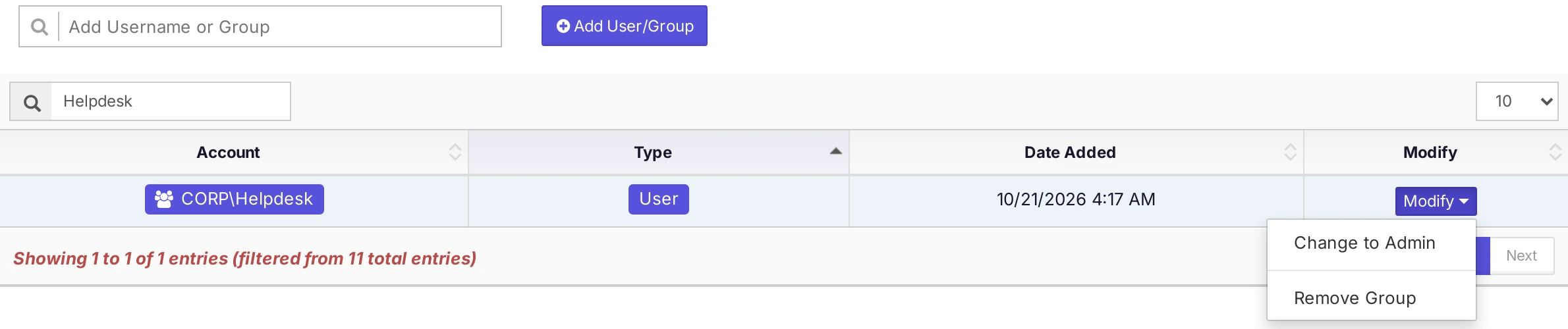 The Modify menu of a group, with the options Change to Admin and Remove Group