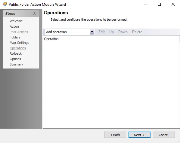 Public Folder Action Module Wizard Operations page