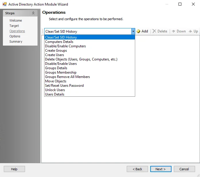 Active Directory Action Module Wizard Operations page