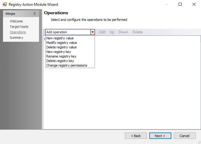 Registry Action Module Wizard Operations page