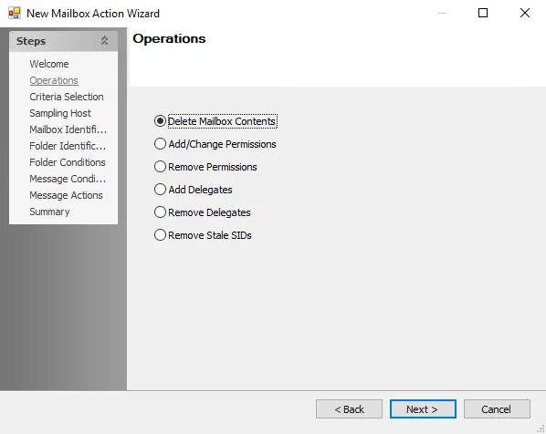 New Mailbox Action Wizard Operations page
