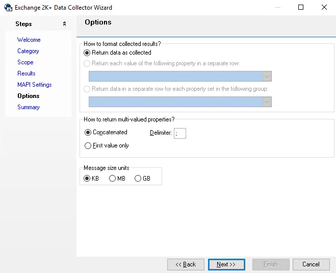 Exchange 2K+ Data Collector Wizard Options page