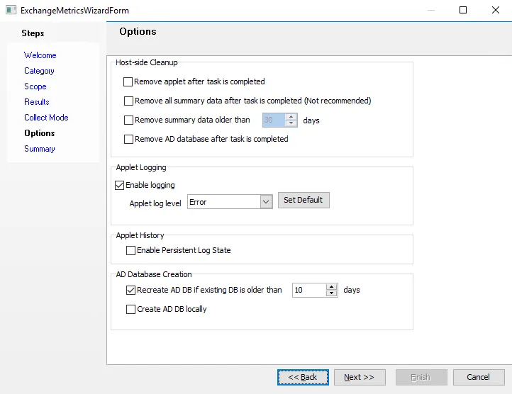 Exchange Metrics Data Collector Wizard Options page