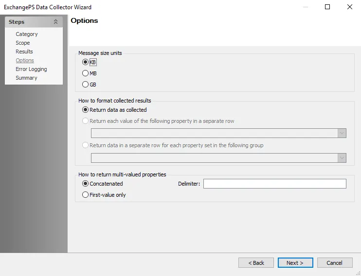 ExchangePS Data Collector Wizard Options page
