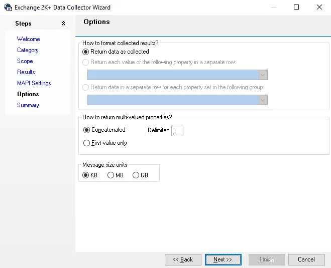 Exchange 2K+ Data Collector Wizard Options page