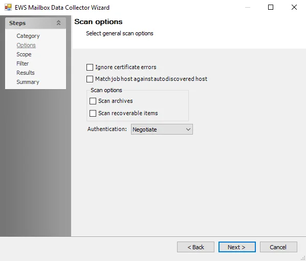 EWS Mailbox Data Collector Wizard Options page