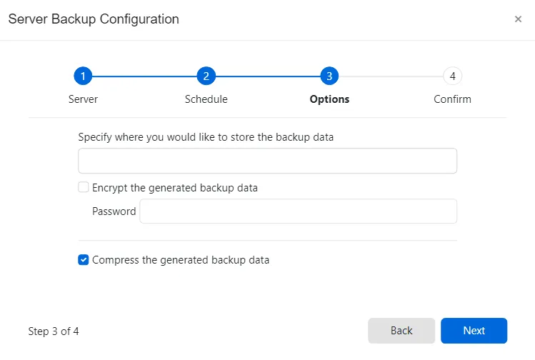 Server Backup Configuration wizard - Options page