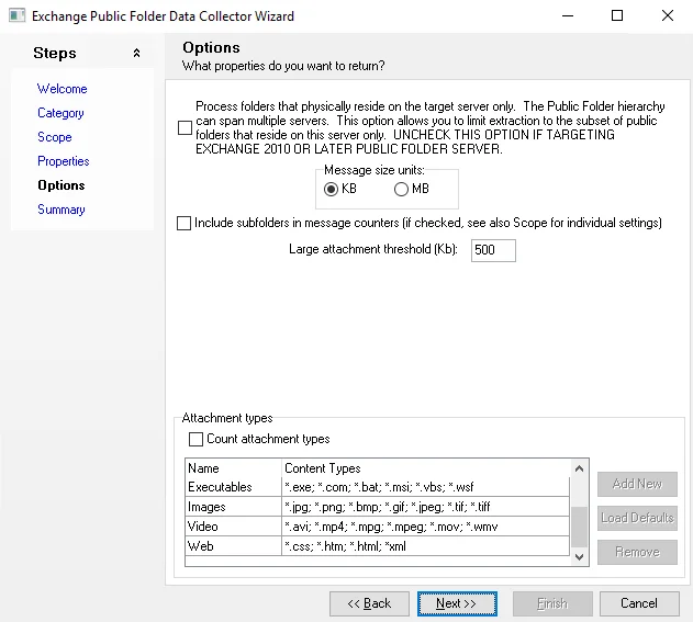 Exchange Public Folder Data Collector Wizard Options page